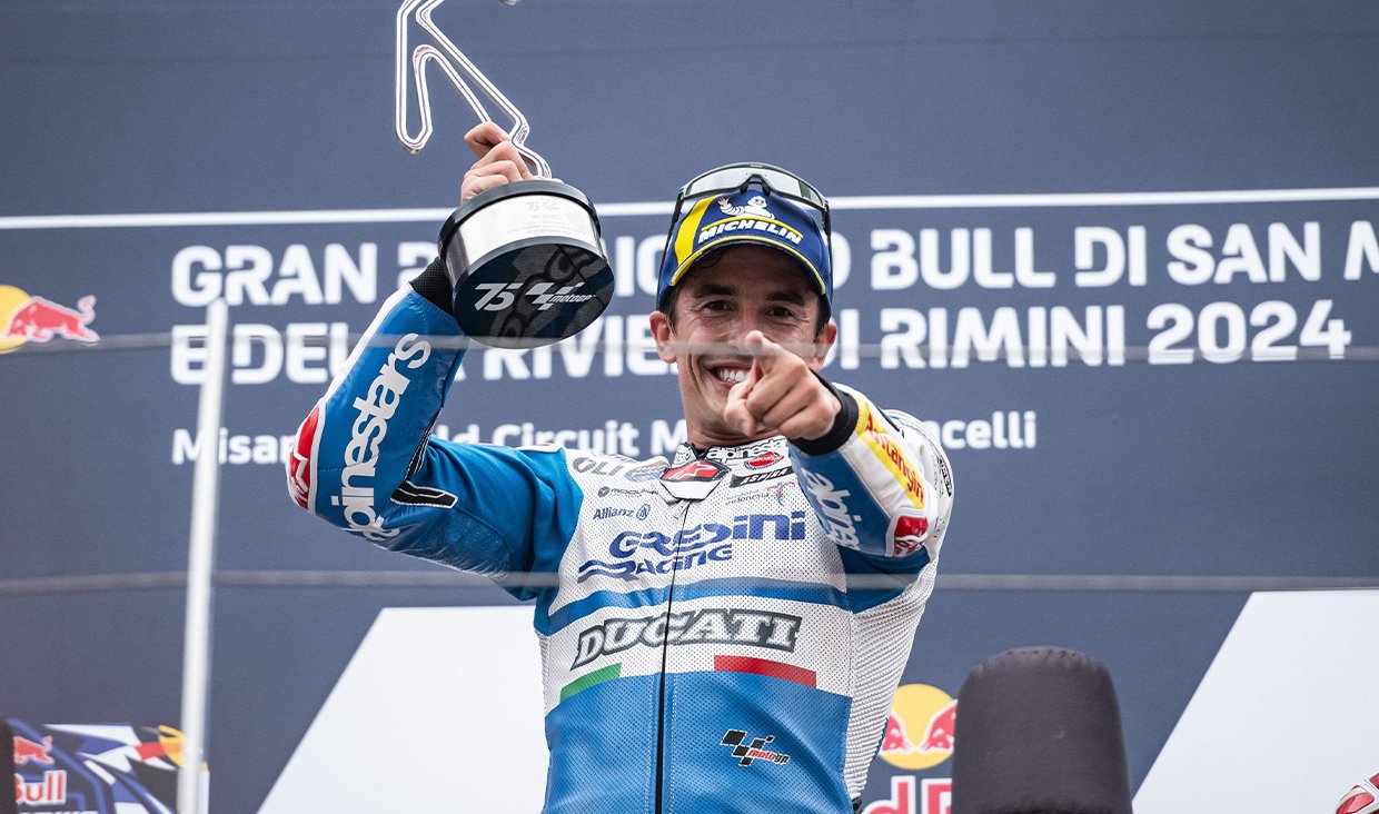 Marc Marquez saat merayakan kemenangan di San Marino 2